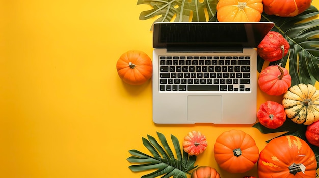 Vector laptop and pumpkins on a yellow background top view happy halloween