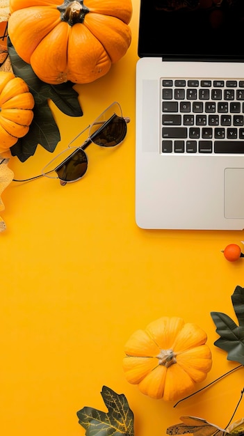 Vector laptop and pumpkins on a yellow background top view happy halloween