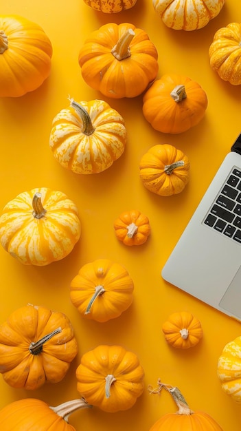 Vector laptop and pumpkins on a yellow background top view happy halloween