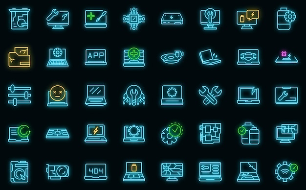 Laptop repair icons set. Outline set of laptop repair vector icons neon color on black