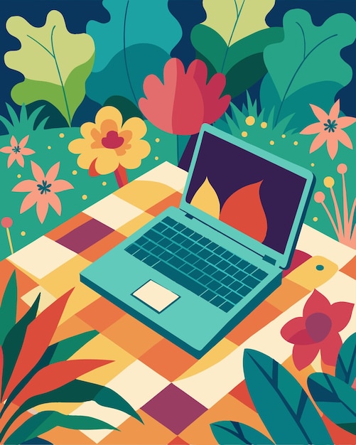 A laptop resting on a colorful patterned mat surrounded by lush greenery and flowers on a rooftop