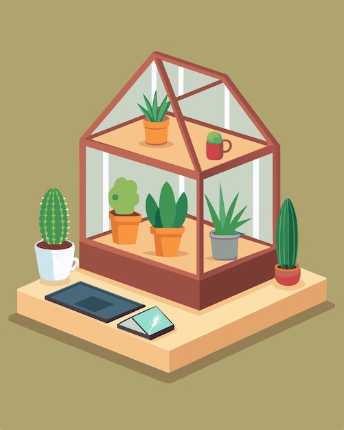 Vector a laptop sat on a delicate wooden table surrounded by terrariums and succulents creating a mini