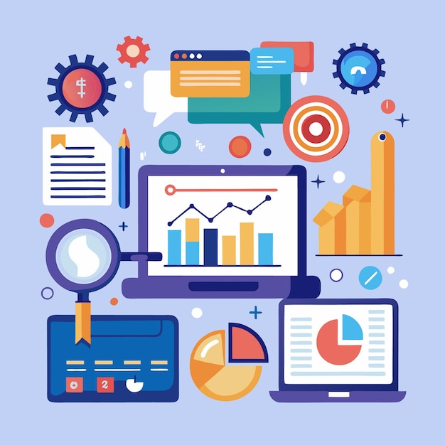 Laptop screen displays data and charts with icons showing a business plan goals data analysis and strategy