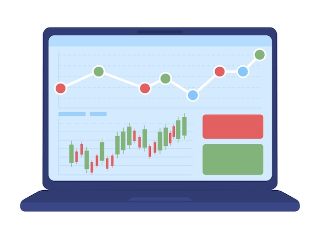 Laptop screen with stock charts semi flat color vector object