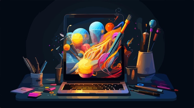 Vector a laptop with a bunch of different objects on it