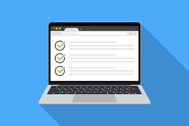 Laptop with checklist in browser page in a flat design with long shadow