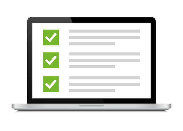 Laptop with checklist checkbox and marks Desktop computer with checkbox screen
