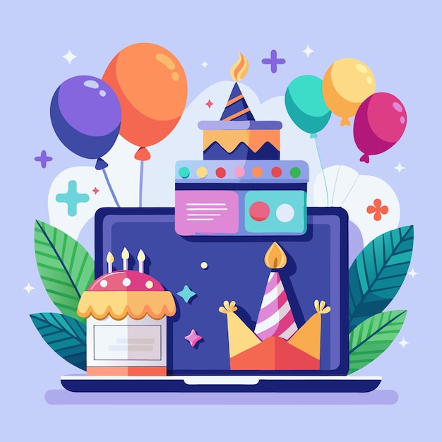 Laptop with colorful birthday decorations cake and balloons