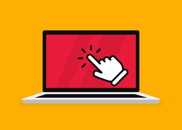 Laptop with cursor on screen Click in laptop flat vector icon