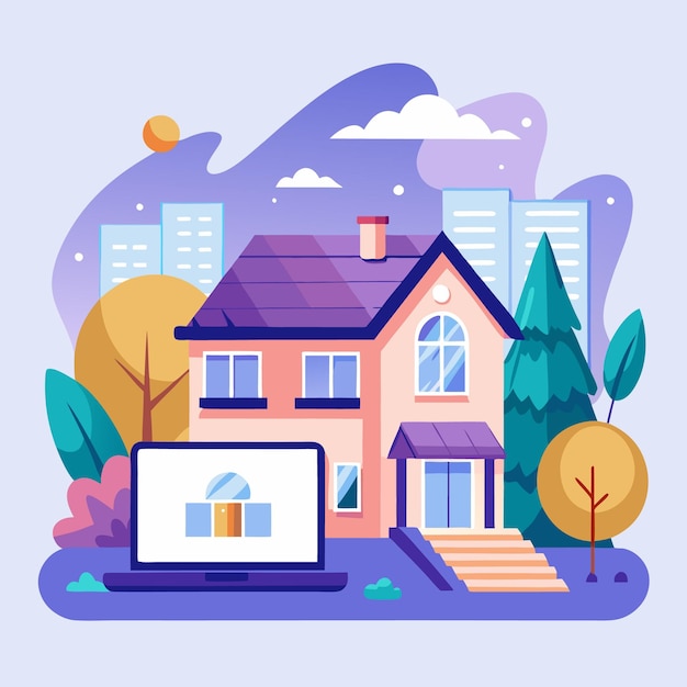 Vector laptop with house icon in front of a twostory house with purple roof and steps