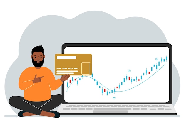 A laptop with a promo page of stock trading or trading on the stock exchange next to a man holding a plastic card Financial chart for buying and selling in the stock market Vector flat illustration