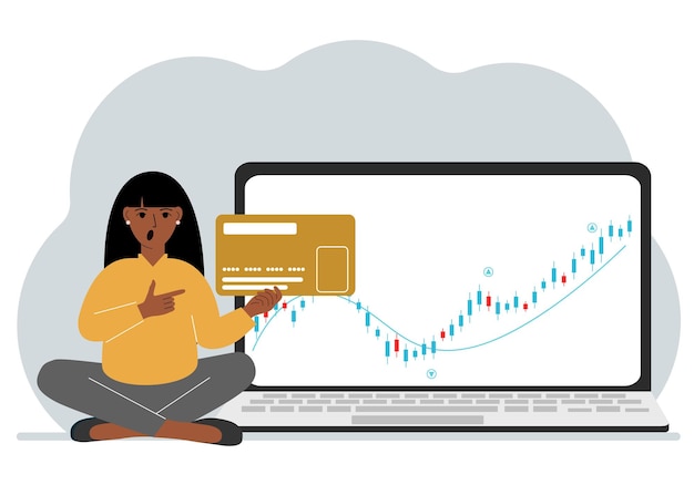 A laptop with a promo page of stock trading or trading on the stock exchange next to a woman holding a plastic card Financial chart for buying and selling in the stock market Vector