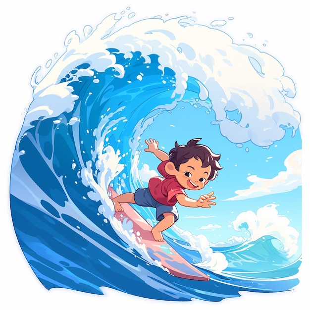 A Laredo boy practices big wave surfing in cartoon style