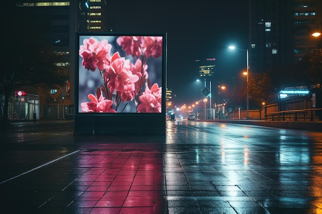 Vector a large billboard with pink flowers on it is in the rain