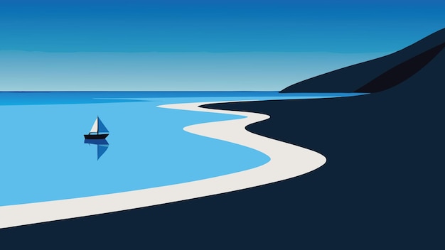 Vector a large black sand beach stretches out with a boat gently floating in the calm water under a clear sky flat vector illustration