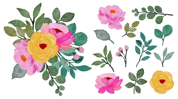 Large Botanical set of wild flowers Set of Separate parts and bring together to beautiful bouquet of flowers in water colors style on white background flat vector illustration