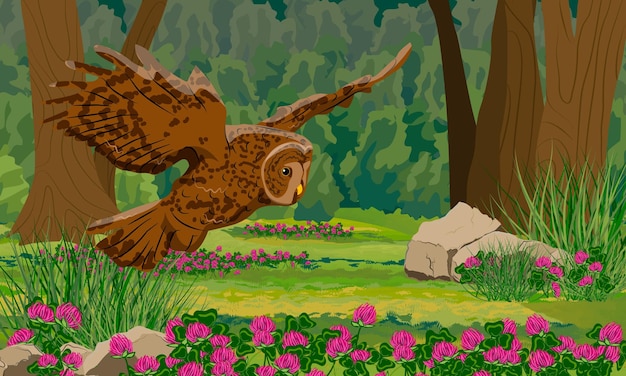 Vector a large brown owl flies over a clearing with blooming clovers in a dense dark forest