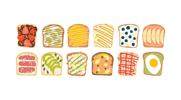 A large cartoon set of morning sandwiches or snacks with various ingredients.