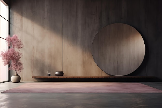 a large circular mirror is on the wall next to a table with two bowls