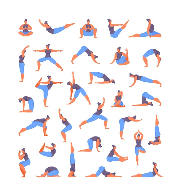 Large collection of basic yoga asanas Vector illustration