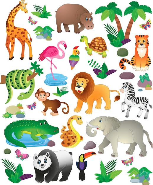 a large collection of funny African animals. jungle. vector illustration