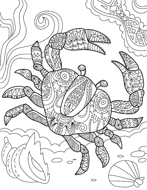 Large crab top view underwater surrounded by sea shells colorless line drawing big decapod