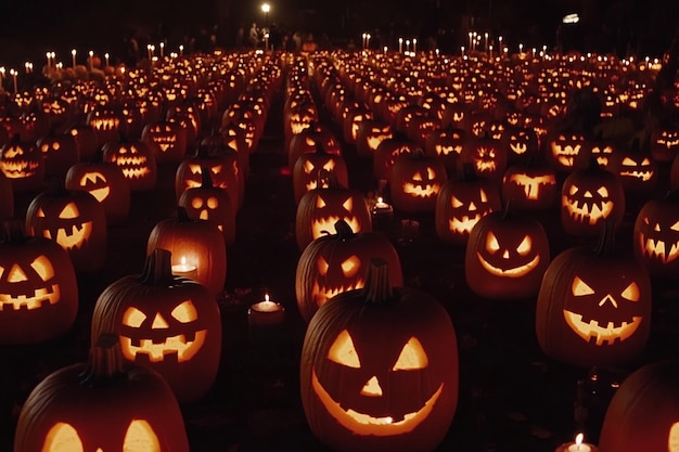 Vector a large crowd of pumpkins are gathered in a field with a light on it