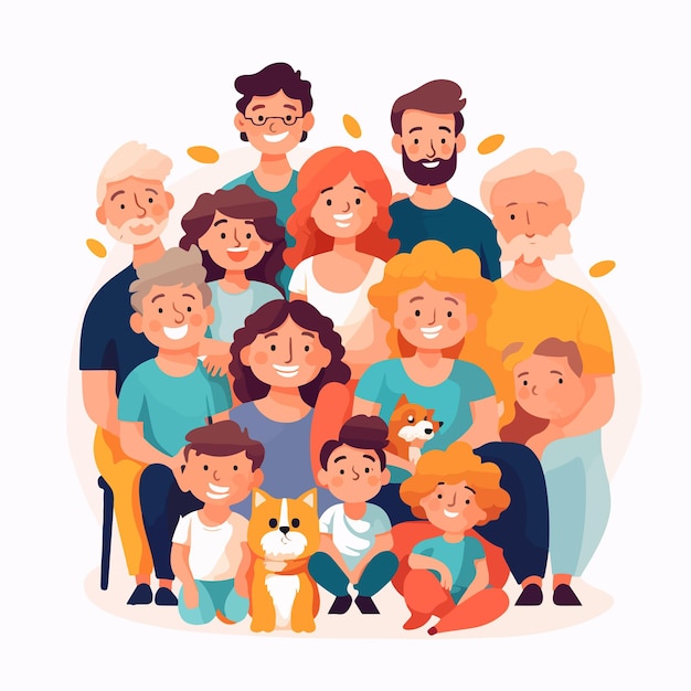 Vector large family portrait of happy people with relatives