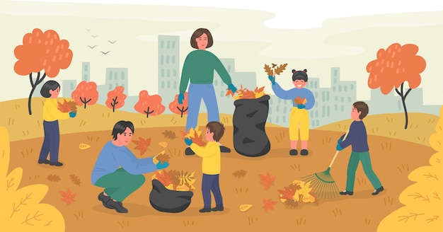 Large family of volunteers cleaning up autumn leaves in the city park. Young man, woman and children clean-up falling foliage in the garden.