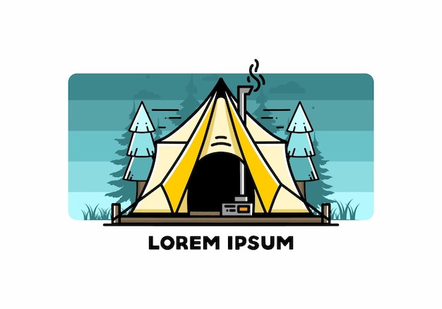 Large glamping tent with heater and chimney illustration design