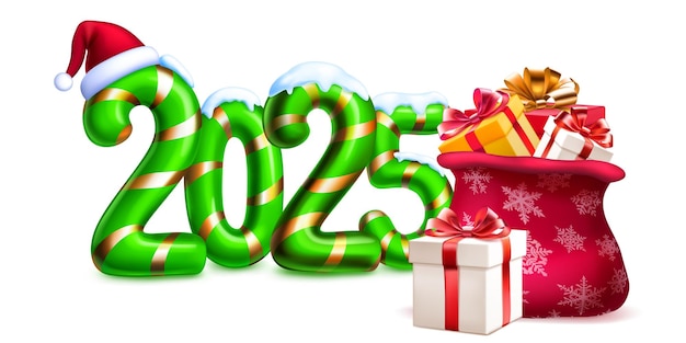 Large green stylized number 2025 sprinkled with snow on top with a festive Christmas design reminiscent of a candy cane with Santa hat and bag of gifts with soft shadow on a white background