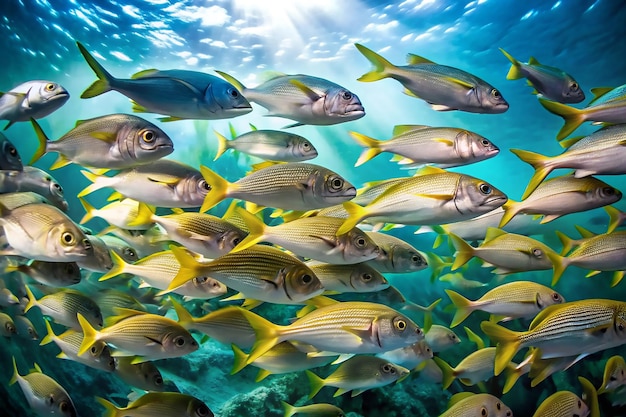 a large group of fish swimming in the water