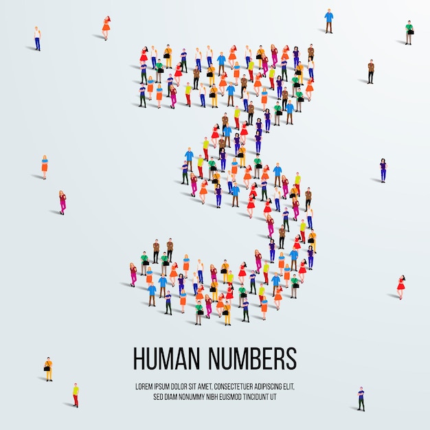 large group of people form to create number 3 or three. people font or number. vector illustration.