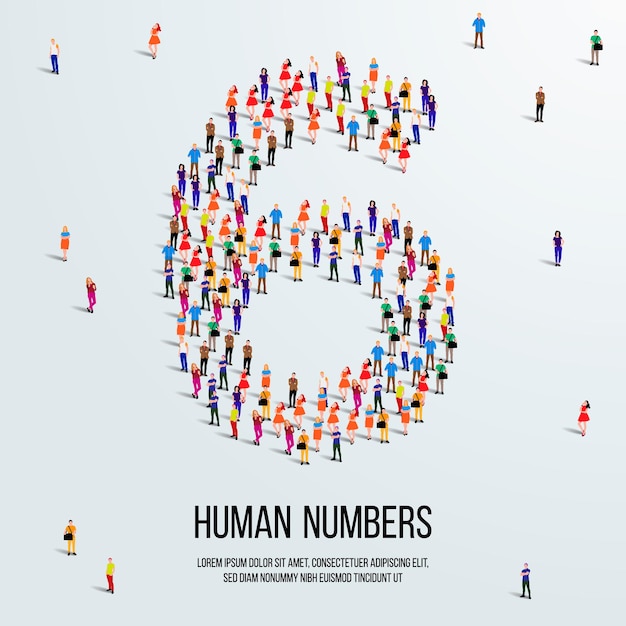 large group of people form to create number 6 or six. people font or number. vector illustration.