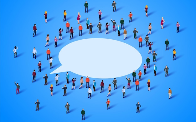 Large group of people standing around chat bubble symbol