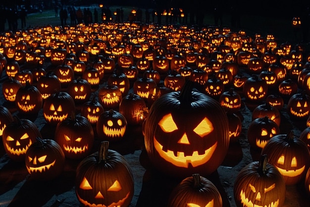 Vector a large group of pumpkins are on display at night