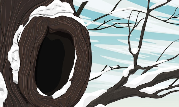 A large hollow in a tree trunk Realistic vector winter landscape