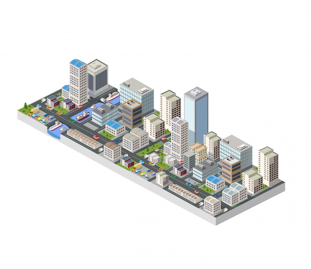 Large isometric city with buildings, offices and skyscrapers