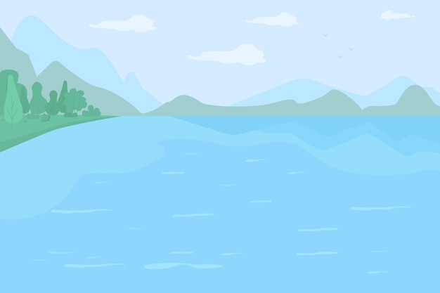 Vector large lake surrounded by hills flat color vector illustration