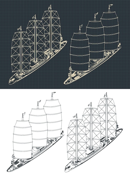 Large modern sailing ship isometric drawings with the sails down