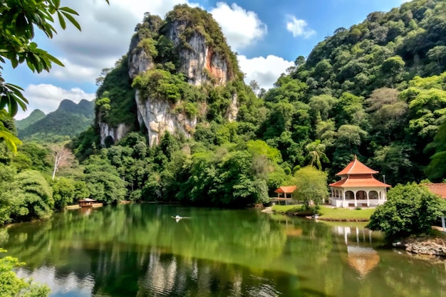 a large mountain with a building on the top of it