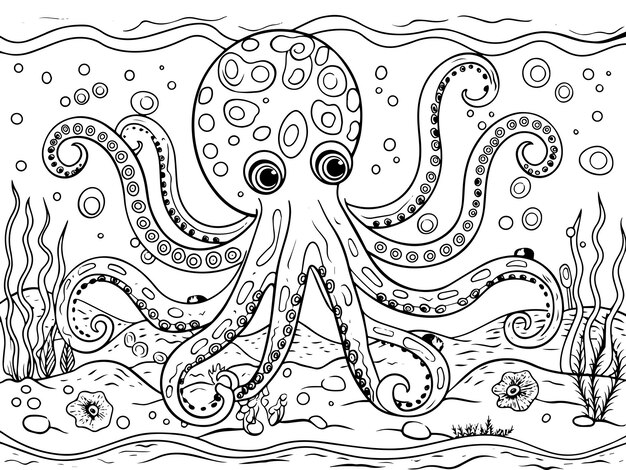 Vector large octopus at the bottom of the sea coloring book or coloring page for kids generative ai