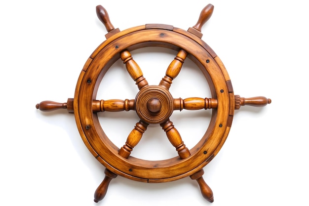 Large Old ship wooden steering wheel rudder isolated on white background