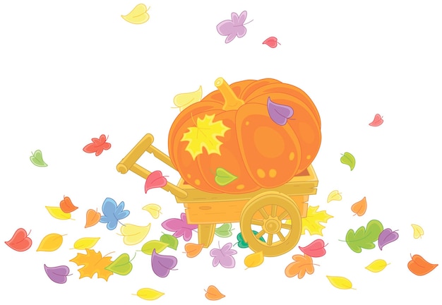 Large orange pumpkin on an old wood wheelbarrow among fallen colorful autumn leaves