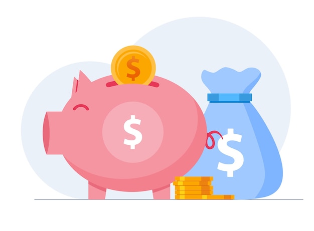 Large piggy bank with business people and golden coin Financial services small bankers are engaged in work saving or save money or open a bank deposit Vector illustration for web social media