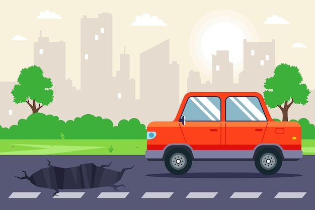 Large pit on the road. flat vector illustration.