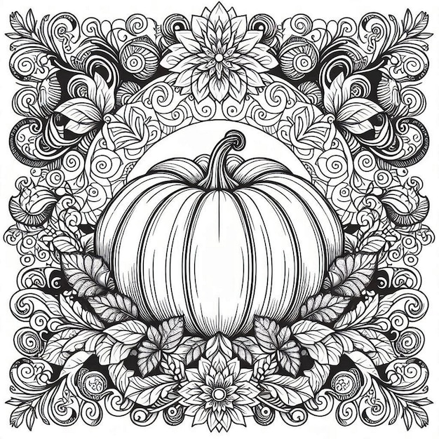 large pumpkin at the center with swirling floral coloring page