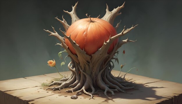 Vector a large pumpkin rests on a weathered gnarled tree trunk the image has a fairytale or mystical feel with a focus on the pumpkin as a central element