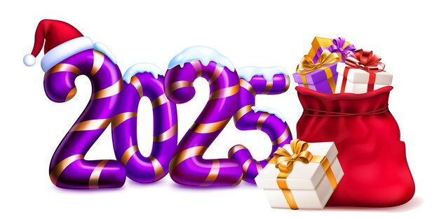 Large purple stylized number 2025 sprinkled with snow on top with a festive Christmas design reminiscent of a candy cane with Santa hat and bag of gifts with soft shadow on a white background