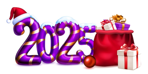 Vector large purple stylized number 2025 sprinkled with snow on top with a festive christmas design reminiscent of a candy cane with santa hat and bag of gifts with soft shadow on a white background